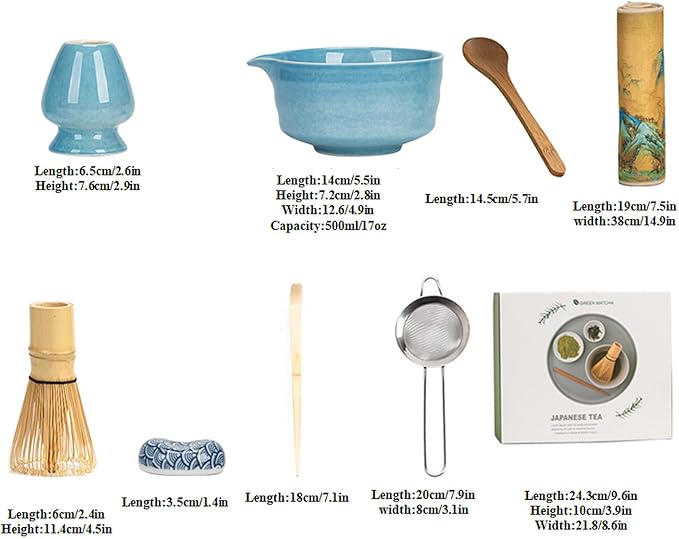 Ceramic Matcha Whisk Set, Complete Matcha Set-8PCS for Ceremonial Grade Matcha, Tea Gifts for Tea Lovers for Christmas, Birthday, Halloween (Sky Blue)