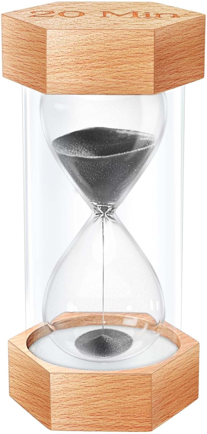 Hourglass Sand Timer 20 Minute, Natural Wood Grain Hexagonal Hour Glass Blaçk Sand Clock, Reloj De Arena, Large Wooden Sandglass Sand Watch 20 Min for Rustic Desk Decor, Office, Game, Classroom