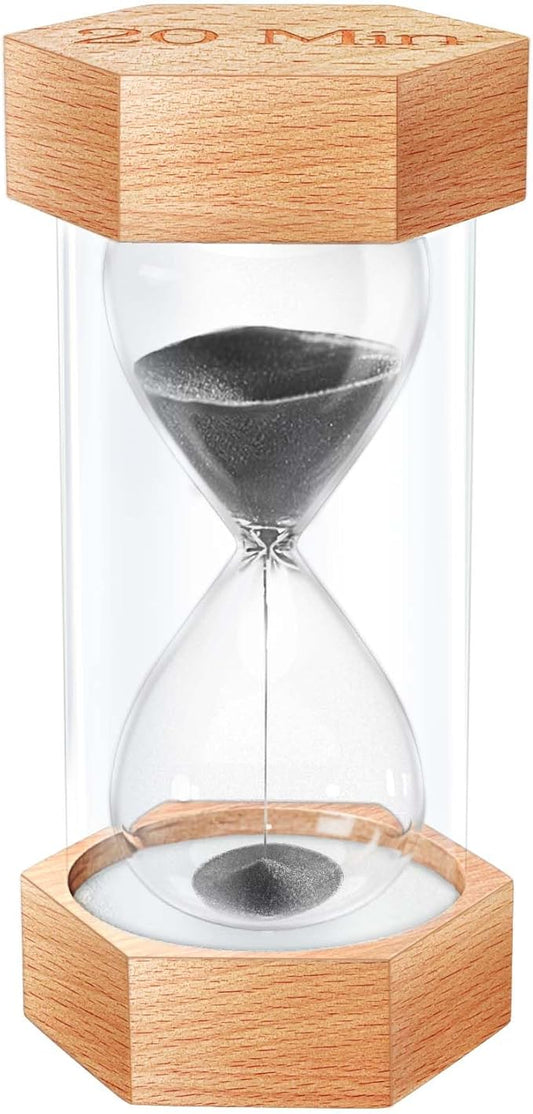 Hourglass Sand Timer 20 Minute, Natural Wood Grain Hexagonal Hour Glass Blaçk Sand Clock, Reloj De Arena, Large Wooden Sandglass Sand Watch 20 Min for Rustic Desk Decor, Office, Game, Classroom
