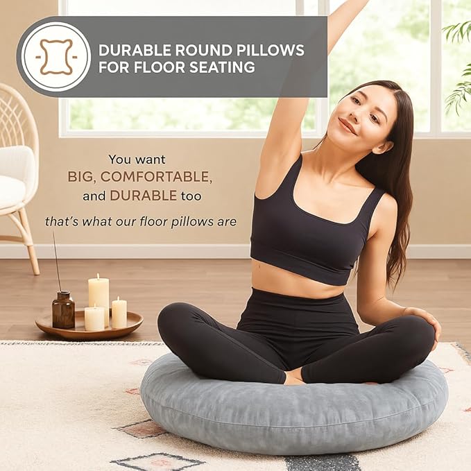 Codi Meditation Cushions Set of 2 – Large Round Floor Pillows for Adults with Removable Washable Cover, Soft and Supportive Floor Cushion for Yoga, Seating and Dog Bed, 32 inch - Grey