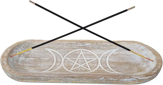 VANIYA CRAFTS® Wooden Handmade Star & Moon Design Boat Shape Incense Holder Stand Insence Tray for Sticks Home Decor Restaurant (11X4,Antique White)