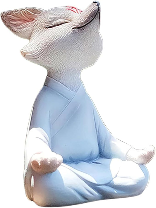 Meditating Buddha Fox Statue Resin Zen Animal Sculpture Yoga Figurine Indoor Outdoor Fengshui Decor for Patio Garden Yard Lawn Tabletop Planter Ponds Pot Bookshelf Ornaments Gifts White