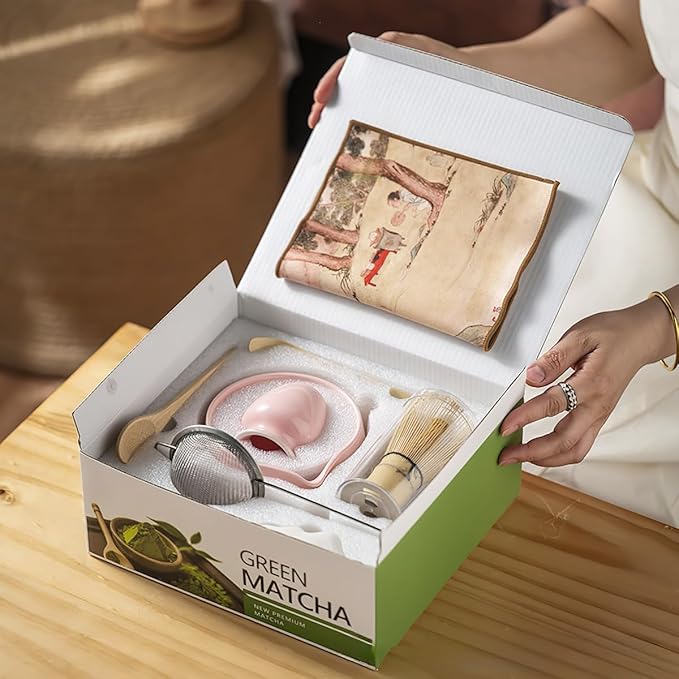 8 Pcs Matcha Whisk Set, Ceramic Matcha Whisk Holder, Ceramic Bowl with Spout, Matcha Ceremony Accessory, Home Kitchen Decor Tea Gifts for Birthdays, Halloween and Christmas (Pink)