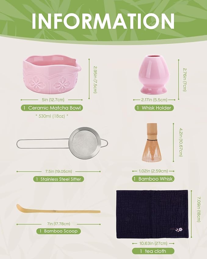Matcha Whisk Set, Ceramic Matcha Set Includes Bowl with Spout, Whisk and Holder, Bamboo Scoop, Sifter and Tea Towel - 6 Pcs Matcha Kit Gift for Lovers Beginners (Pink)