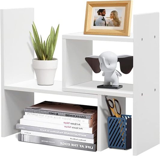 TY ARTS & CULTURE - Expandable Wood Desktop Storage Organizer Multipurpose Desk Bookshelf Display Shelf Rack Counter Top Bookcase for Office Home | Pure White