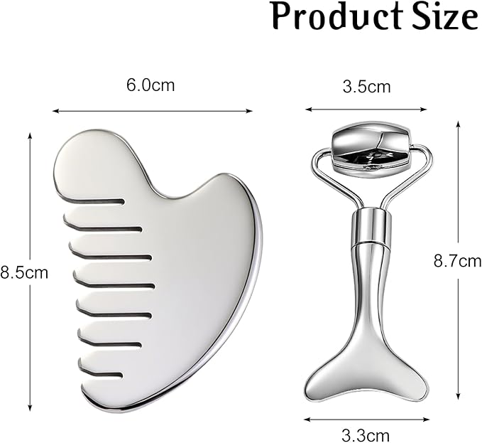 Gua Sha Facial Tools and Face Roller Set, Lymphatic Drainage Massager，Stainless Steel Facial Sculpting Eyes Roller Guasha for Face, Chin & Jawline Sculpting,Skin Care (Silver)