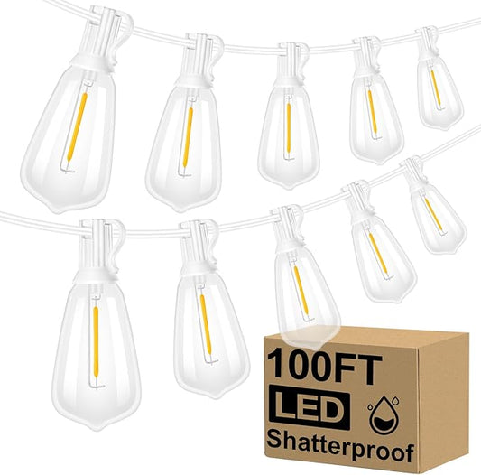 Brightever LED Outdoor String Lights,100FT Patio Lights with 52 Shatterproof ST38 Vintage Edison Bulbs 2700K Dimmable, Outside Hanging Light Waterproof for Porch Deck, Garden, Backyard, Balcony White
