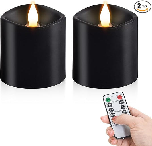 3x3 Flickering Flameless Candles Set of 2, Real Wax LED Candles,with Timer, 3 inch Flameless Candles with Remote,Battery Operated Candles, for Party/Wedding,Black