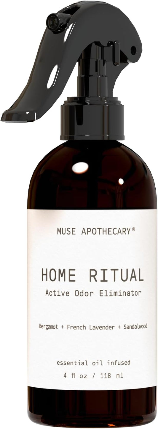 Muse Apothecary Home Ritual Active Odor Eliminator Spray - Furniture Deodorizer Spray & Bathroom Odor Eliminator for Home - Essential Oil Air Freshener - 4oz, Bergamot + French Lavender + Sandalwood