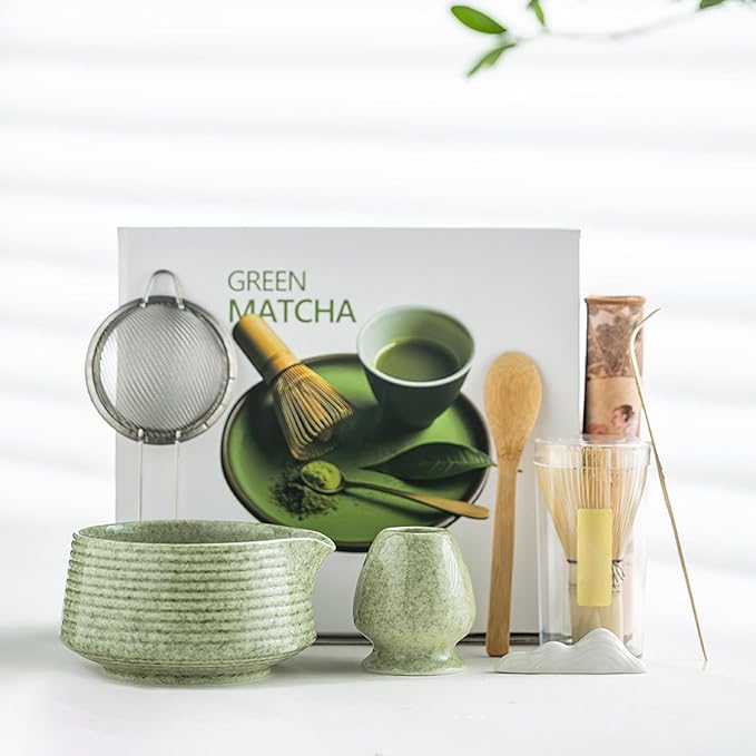 8 Pcs Matcha Whisk Set, Ceramic Matcha Whisk Holder, Ceramic Bowl with Spout, Matcha Ceremony Accessory, Home Kitchen Decor Tea Gifts for Birthdays, Halloween and Christmas (Greenish Color)