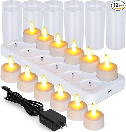 Esup Rechargeable Candles Flameless Flickering Candles Tealights 12pcs/Set with White Base, Decoration Parties, Weddings, Bar, Family, Dinner Outdoor Picnic