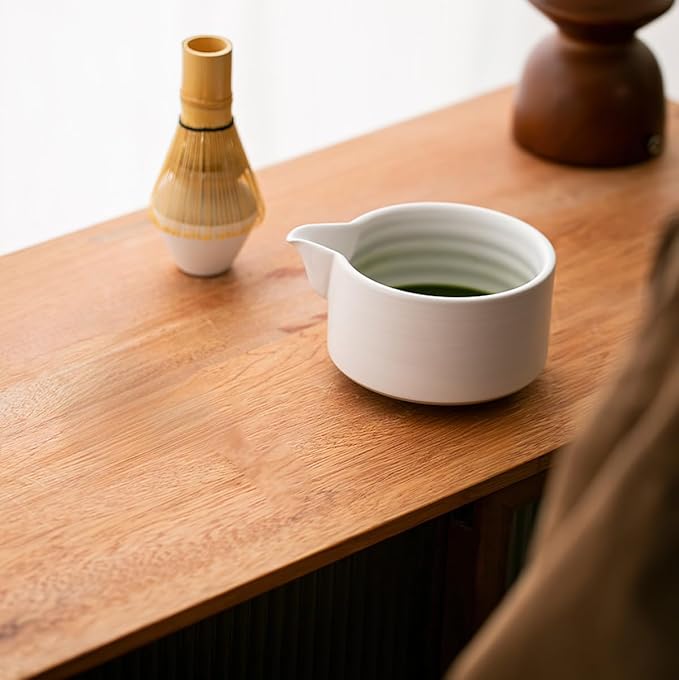 8 Pcs Matcha Whisk Set, Ceramic Matcha Whisk Holder, Ceramic Bowl with Spout, Matcha Ceremony Accessory, Home Kitchen Decor Tea Gifts for Birthdays, Halloween and Christmas (White)