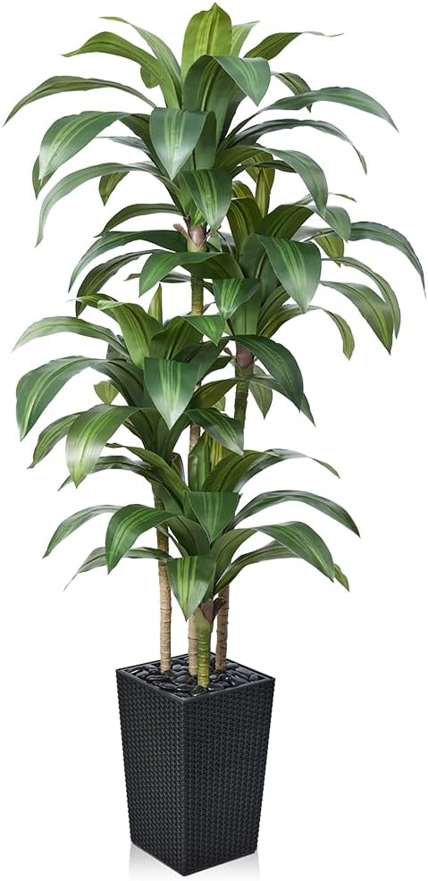 Artificial Dracaena Tree 6FT - Fake Tree with Black Taper Planter & Pebbles - UV Resistant Faux Yucca Tropical Plant - Artificial Trees for Home Office Living Room Decor Indoor Outdoor