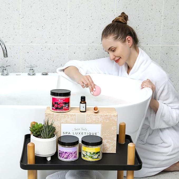 spa luxetique Bath Salts, 8pcs Bath Salts Gift Set with Argan Oil, Bath Bombs, Wooden Scoop, Epsom Salt for Soaking in Lavender, Rose, Chamomile Scent, Mother's Day Gifts, Christmas Gifts for Her