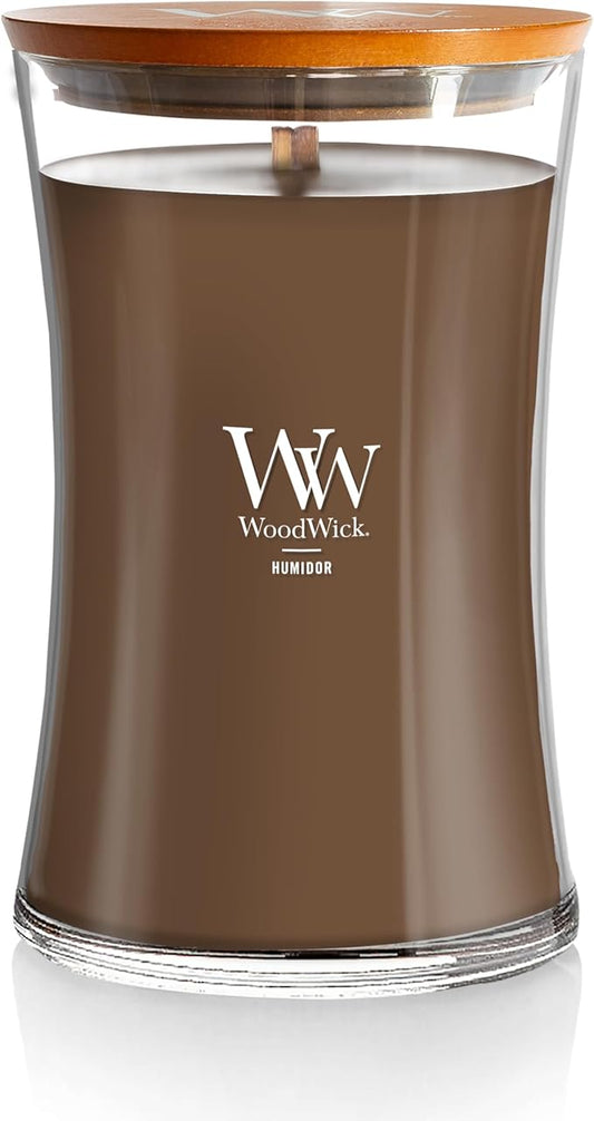 WoodWick Humidor Gifts for Women and Men, 21.5 oz Large Hourglass Candle with Crackling Wick