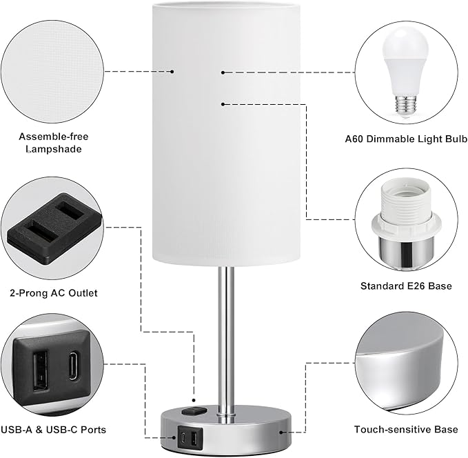 Fenmzee Touch Bedside Lamp - White, 3-Way Dimmable, USB A + C Charging, AC Outlet, 17.4inch Medium