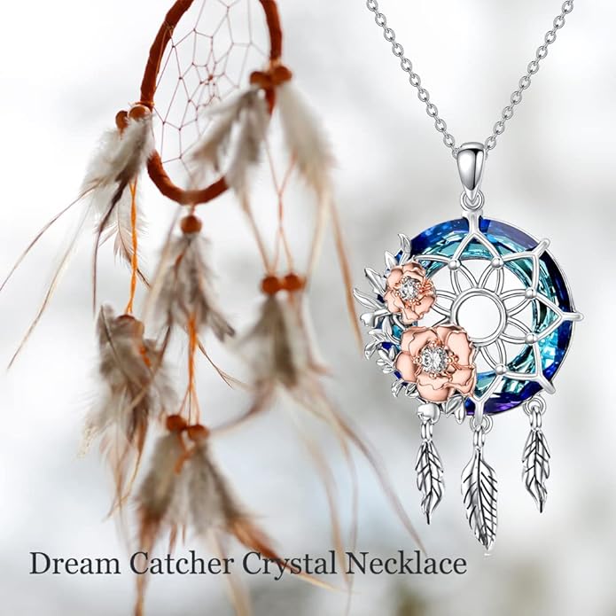 Dream Catcher Pendant Necklace 925 Sterling Silver Synthetic Moonstone Crystal Sunflower Rose Flower Evil Eye Dreamcatcher Cremation Jewelry Gifts for Women Wife Mom