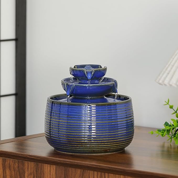 Outdoor and Indoor Water Feature Fountain Waterfall Tabletop Desktop mini Ceramic Garden Fountain (Blue A171)