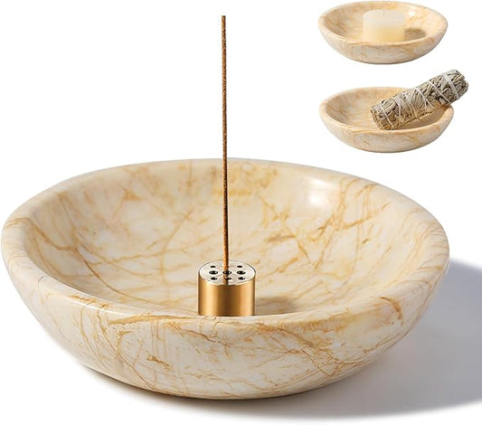 Koville Natural Marble Incense Holder, Incense Holder for Sticks with 9 Holes, Handmade Incense Burner Ash Catcher for Meditation Yoga SPA, Balsam Fir/Palo Santo/Sage/Cone (Gold)