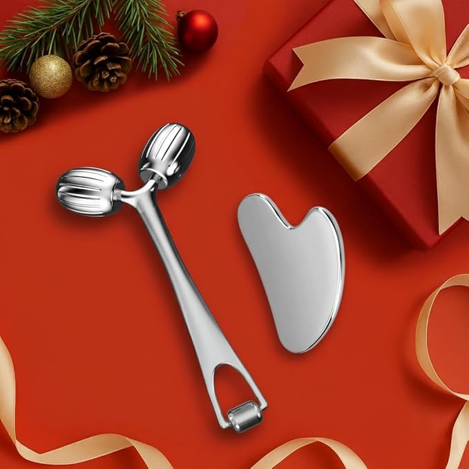 Yeamon Gua Sha Facial Tools and Face Roller Set, Facial Massage Tool for Women’s Skincare Routine,Cooling Stainless Steel Face Sculpting Eyes Roller Guasha for Daily Use or Self-Care Gift for Women