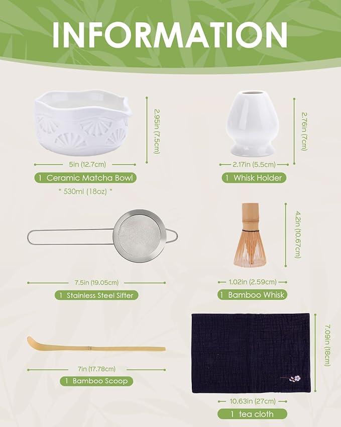 Matcha Whisk Set, Ceramic Matcha Set Includes Bowl with Spout, Whisk and Holder, Bamboo Scoop, Sifter and Tea Towel - 6 Pcs Matcha Kit Gift for Matcha Lovers (White)