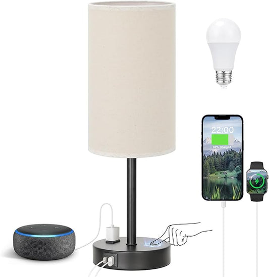 Fenmzee Touch Table Lamp - Beige, 3-Way Dimmable, USB A + C Charging, AC Outlet, 17.4inch Medium, Black Metal Base