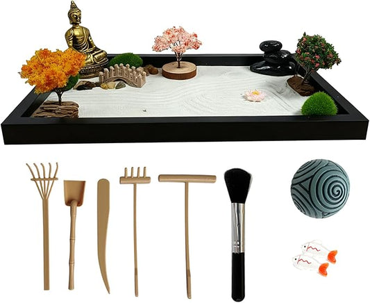 Mini Zen Garden Kit for Desk - Sand Tray with Tools & Accessories, Japanese Decor for Home Office, Meditation Therapy Stress Relief Gift