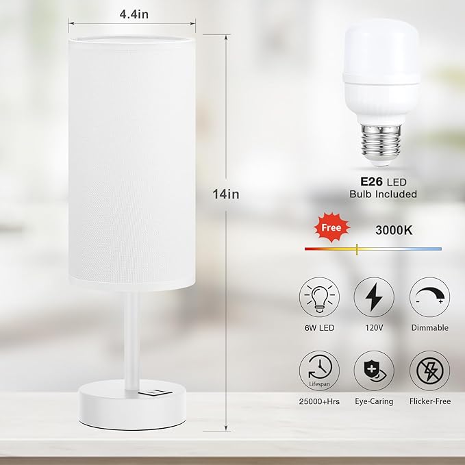 White Touch Bedside Lamp for Bedroom - 3 Way Dimmable Table Lamp with USB, Nightstand Lamp with White Charging Station for Desk Dorm, Girl Kids Room, Small