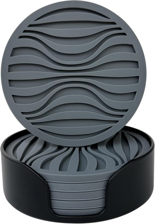 Silicone Coaster Set of 6 Pieces with Silicone Cup Holder,Drinking Coasters, Cup Mat for Drinks,Live for Hot or Cold Drink Thickened, Non-Slip, Non-Stick, Deep Tray Black (Grey)