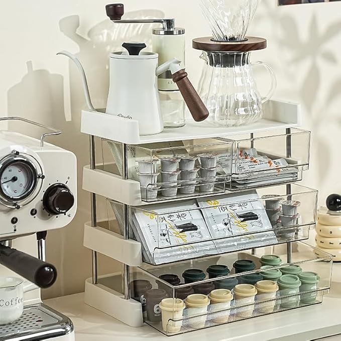 4-Tier Tea Storage Organizer, Clear Acrylic Drawers, Kitchen Counter Display Box, 12.7 x 22 x 32.3 inches (4-layer)