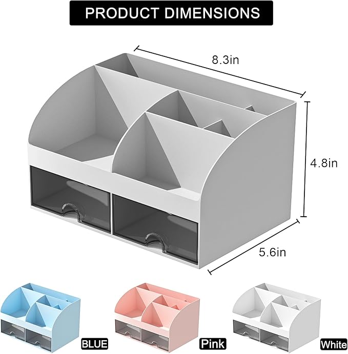 Desk Organizer with 6 Compartments and 2 Drawers, Plastic Makeup Organizer, Pen Holder for Desktop Storage, Desk Organization for School, Home, Office Supplies (Grey)