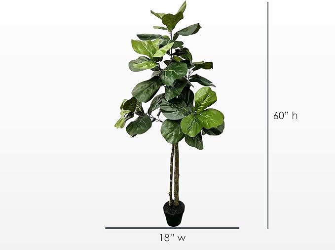 Cypress & Alabaster Handmade 5ft Fiddle Leaf Fig Ficus Lyrata Artificial Tree with Ethically Sourced Real Wood Trunks, Hypoallergenic, 5-Foot, Green