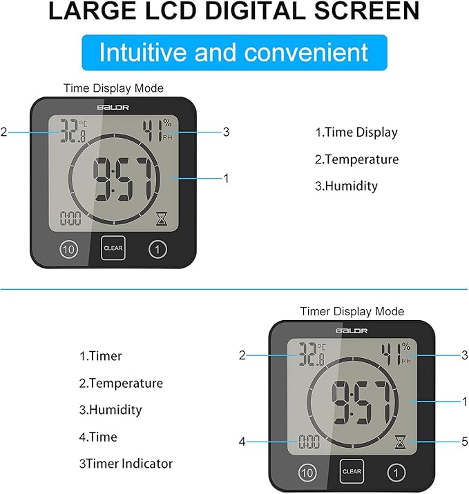 Digital Bathroom Shower LCD Wall Clock with Suction, Waterproof Temperature Humidity Gauge, Touch Screen Timer, Large Countdown Timer (Black)
