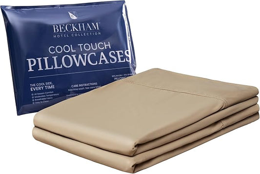 Beckham Hotel Collection Cooling Pillowcases for Hot Sleepers, Standard/Queen Size Set of 2, Cool Bedding, Envelop Closure, Silky Soft, Breathable, Moisture-Wicking, Sand