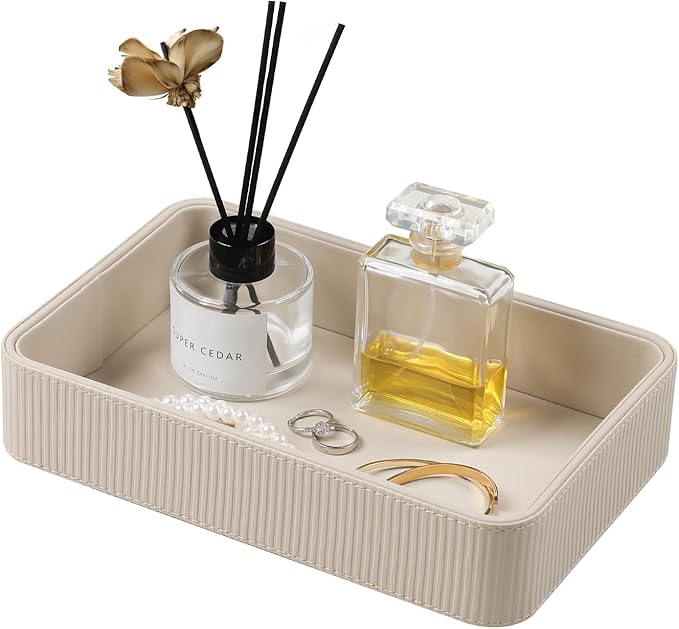 PU Leather Valet Tray Organizer, Modern Nightstand Organizer Bedside Desktop Storage for Womens and Men, Decorative Perfume Trinket Catchall Vanity Tray for Key Watch Wallet (Beige)