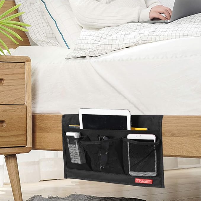 Bedside Caddy,Bedside Organizer Caddy Under Mattress,Holds Magazines,Books (4 Pockets-Black)