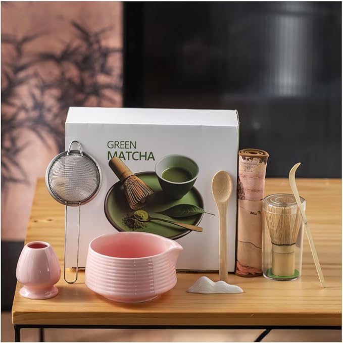 8 Pcs Matcha Whisk Set, Ceramic Matcha Whisk Holder, Ceramic Bowl with Spout, Matcha Ceremony Accessory, Home Kitchen Decor Tea Gifts for Birthdays, Halloween and Christmas (Beige color)