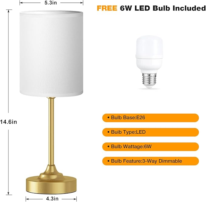 Touch Bedside Table Lamps for Bedroom - 3 Way Dimmable Gold Nightstand Lamp, Small Desk Lamp for Office, Living Room, Dorm Room, Reading