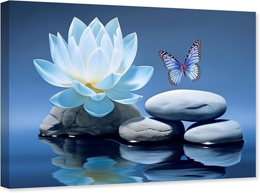 ARTZGX Blue Zen Wall Art Lotus Flower Canvas Spa Stone Pictures for Bathroom Wall Decor Meditation Butterfly Painting Frame(Zen - A 28.00" x 42.00")