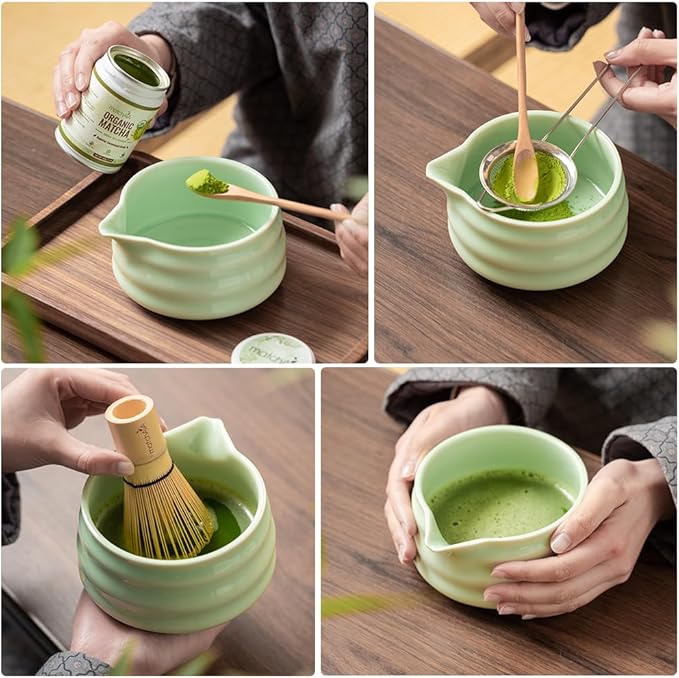 Matcha Whisk Set - Ceramic Bowl, Bamboo Whisk with Holder, Sifter, Schima Spoon, Spoon Rest and Tea Towel - 7 Pcs Complete Kit for Traditional Matcha and Modern Lattes (Green)