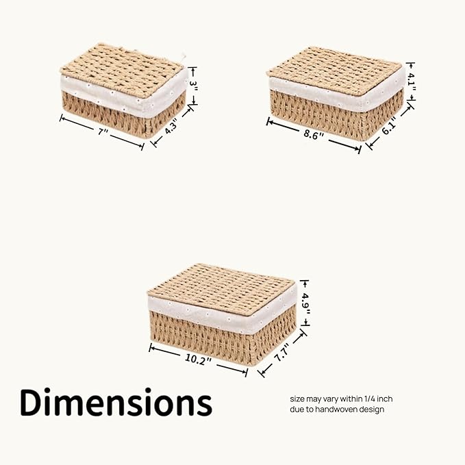 Small Wicker Basket with Lid Paper Rope Storage Baskets for Shelves Set of 3 Tampon Holder with Lid and Removable Liner for Bathroom Makeup Closet Drawer Desk Organizer (Khaki)