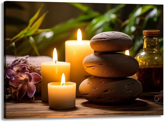 GLOKAKA Zen Canvas Wall Art Stacked Spa Stones White Candle Painting Relaxation Artwork Meditation Decor for Spa Yoga Room Bathroom Ready To Hang(Artwork-3,16"x24")