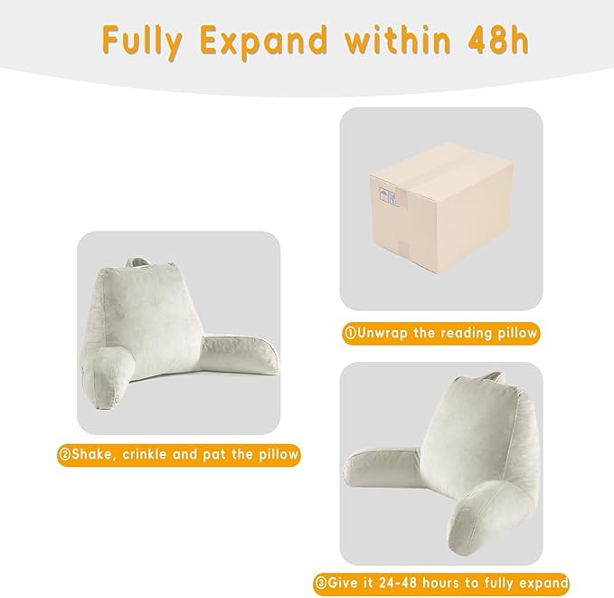 Reading Pillow for Sitting in Bed Adult, Reading Pillow with Shredded Memory Foam, Bed Pillow with Washable Cover, Back Pillow Sitting Up with Extend Arms, Beige, X-Large