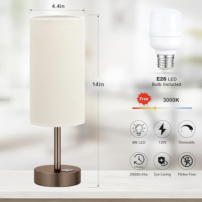 Beige Touch Table Lamp for Bedroom - 3 Way Dimmable Bedside Lamp with USB, Nightstand Lamp with Brown Charging Station for Desk, Dorm, Office