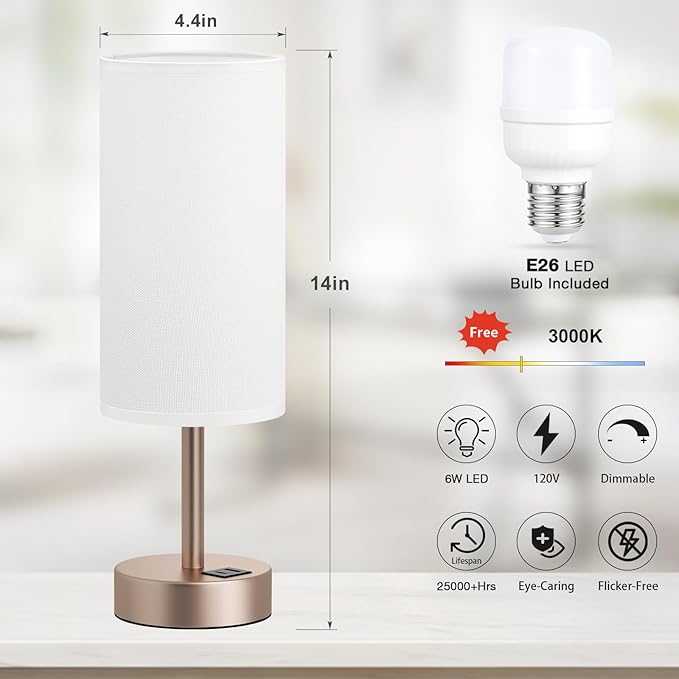 Dicoool Touch Bedside Table Lamp with USB - 3 Way Dimmable Lamp for Bedroom Nightstand, Desk Lamp with Charging Station for Dorm, Living Room, Office, Kids Room, Nursery