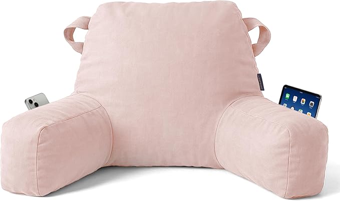 Portable Comfy Reading Pillows for Bed Sitting Up(Pink Oeko-Tex), Velvet Back Pillow with Arms & Pockets for Adults, Support Memory Foam Bed Pillow for Dorm/Reading/Watching/Gaming