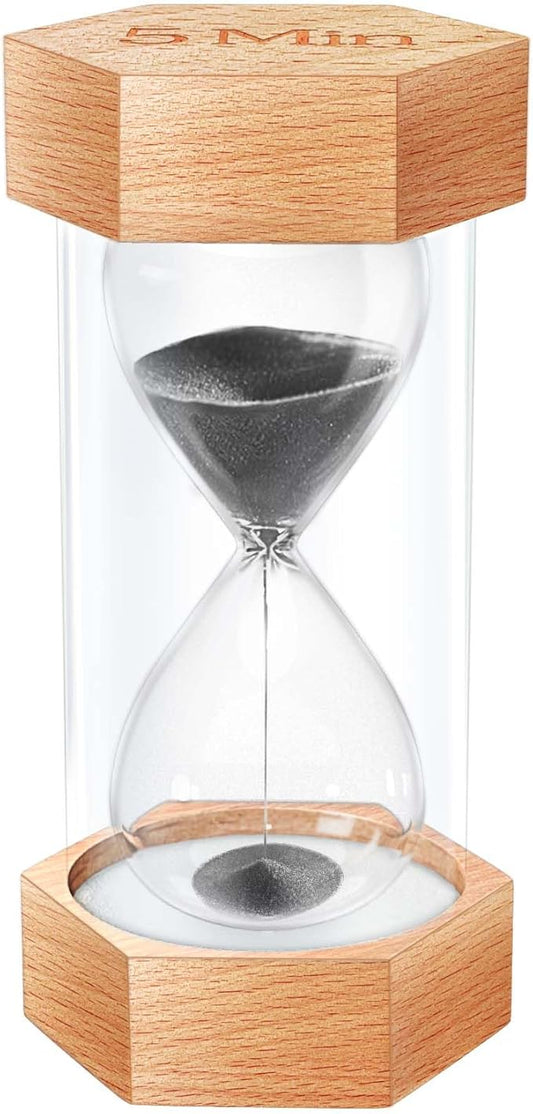 Sand Timer 5 Minute Hourglass, Natural Wood Grain Hexagonal Hour Glass Blaçk Sand Clock 5 Minutes, Reloj De Arena, Wooden Sandglass Sand Watçh 5 Min for Rustic Desk Decor, Office, Game, Classroom