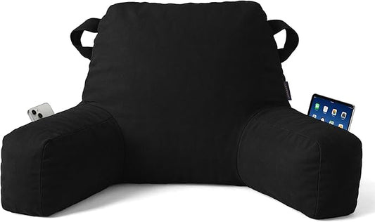 Portable Comfy Reading Pillows for Bed Sitting Up(Black Oeko-Tex), Velvet Back Pillow with Arms & Pockets for Adults, Support Memory Foam Bed Pillow for Dorm/Reading/Watching/Gaming