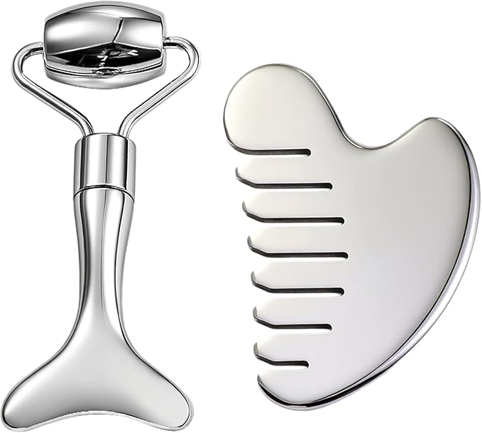Gua Sha Facial Tools and Face Roller Set, Lymphatic Drainage Massager，Stainless Steel Facial Sculpting Eyes Roller Guasha for Face, Chin & Jawline Sculpting,Skin Care (Silver)
