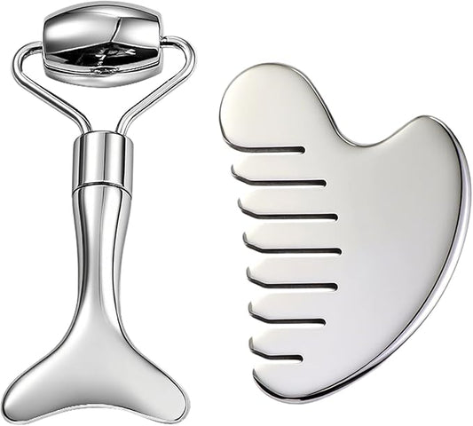 Gua Sha Facial Tools and Face Roller Set, Lymphatic Drainage Massager，Stainless Steel Facial Sculpting Eyes Roller Guasha for Face, Chin & Jawline Sculpting,Skin Care (Silver)